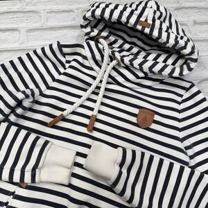 Wanakome Canada Womens Hoodie Sz Small White & Black Striped Nautical Sweatshirt